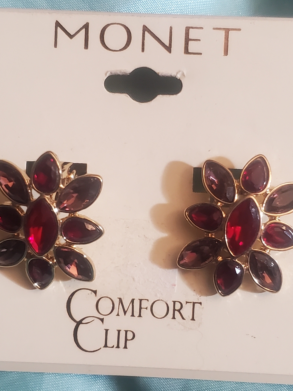 Monet Vintage Deadstick Red & Garnet Floral Comfort Clip Earrings